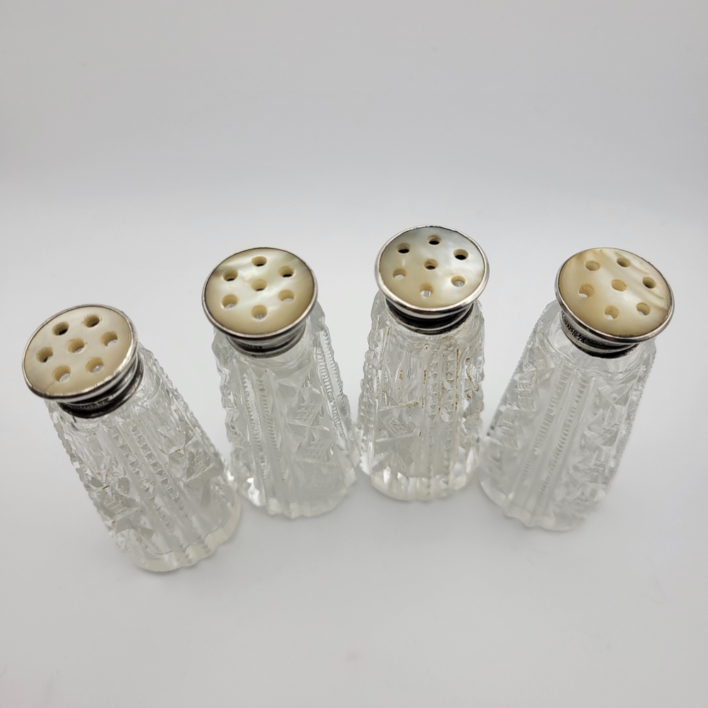 Vintage MCM Crystal Salt and Pepper Shakers Sterling Silver Caps Mother of Pearl - Picture 3 of 10